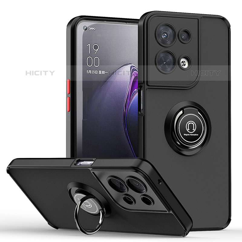 Silikon Hülle Handyhülle und Kunststoff Schutzhülle Hartschalen Tasche mit Magnetisch Fingerring Ständer QW2 für Oppo Reno9 Pro 5G Rot und Schwarz