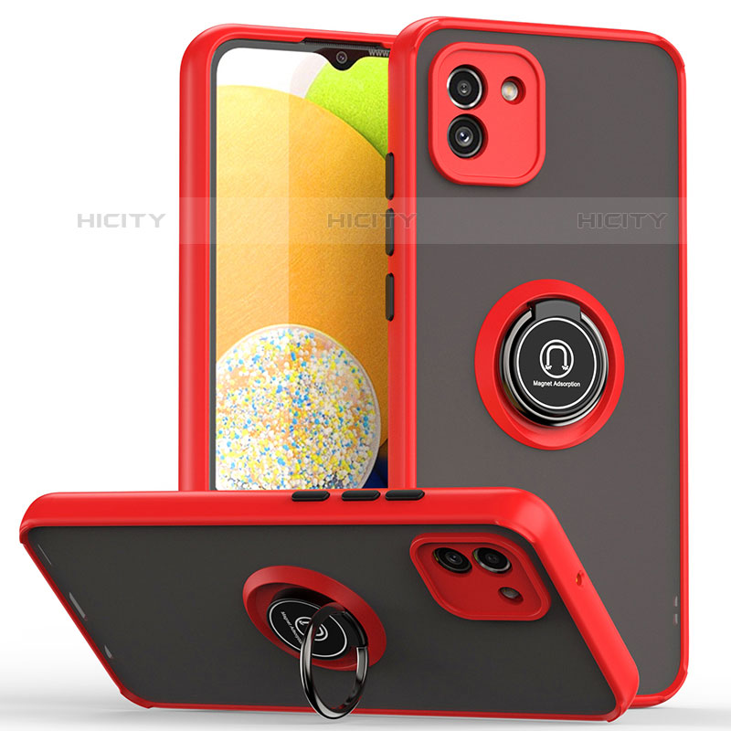 Silikon Hülle Handyhülle und Kunststoff Schutzhülle Hartschalen Tasche mit Magnetisch Fingerring Ständer QW2 für Samsung Galaxy A03 Rot Plus