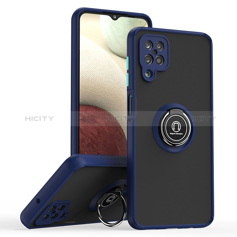 Silikon Hülle Handyhülle und Kunststoff Schutzhülle Hartschalen Tasche mit Magnetisch Fingerring Ständer QW2 für Samsung Galaxy A12 5G Blau
