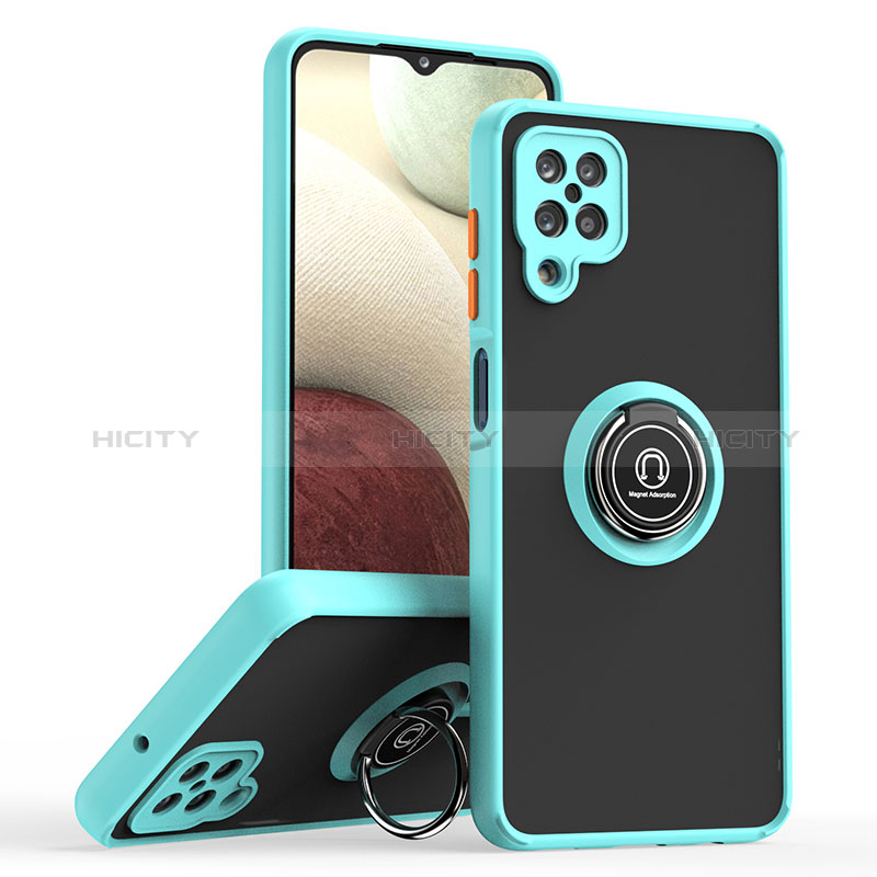 Silikon Hülle Handyhülle und Kunststoff Schutzhülle Hartschalen Tasche mit Magnetisch Fingerring Ständer QW2 für Samsung Galaxy A12 Nacho Cyan