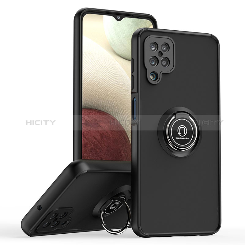 Silikon Hülle Handyhülle und Kunststoff Schutzhülle Hartschalen Tasche mit Magnetisch Fingerring Ständer QW2 für Samsung Galaxy A12 Nacho Schwarz