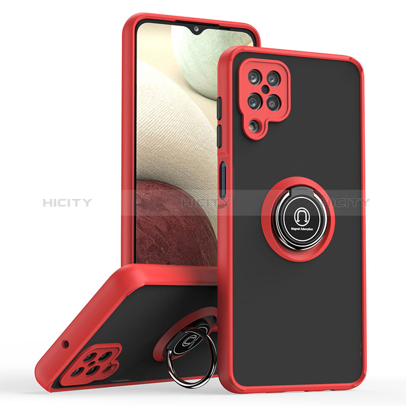 Silikon Hülle Handyhülle und Kunststoff Schutzhülle Hartschalen Tasche mit Magnetisch Fingerring Ständer QW2 für Samsung Galaxy A12 Rot Plus