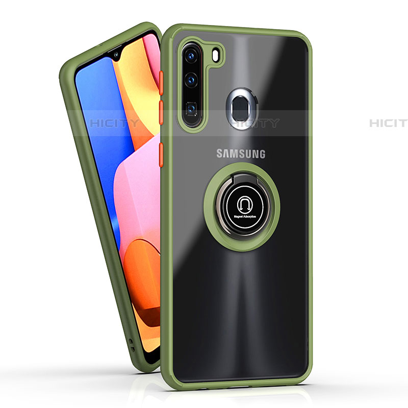 Silikon Hülle Handyhülle und Kunststoff Schutzhülle Hartschalen Tasche mit Magnetisch Fingerring Ständer QW2 für Samsung Galaxy A21 European