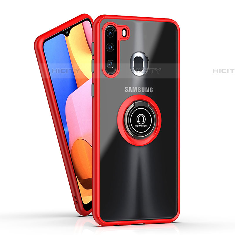 Silikon Hülle Handyhülle und Kunststoff Schutzhülle Hartschalen Tasche mit Magnetisch Fingerring Ständer QW2 für Samsung Galaxy A21 European