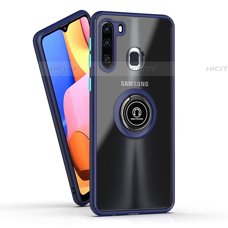 Silikon Hülle Handyhülle und Kunststoff Schutzhülle Hartschalen Tasche mit Magnetisch Fingerring Ständer QW2 für Samsung Galaxy A21 European Blau