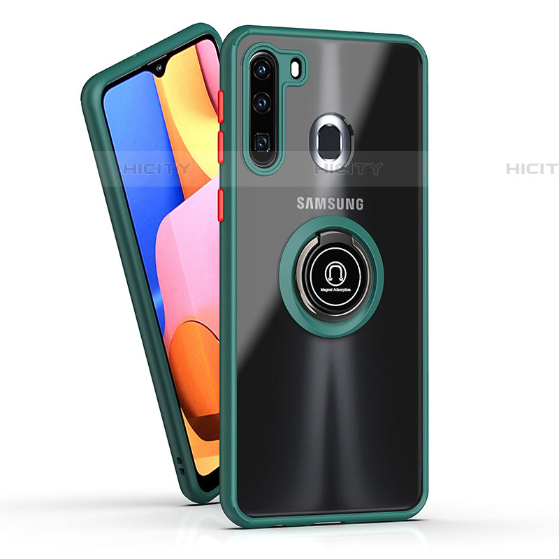 Silikon Hülle Handyhülle und Kunststoff Schutzhülle Hartschalen Tasche mit Magnetisch Fingerring Ständer QW2 für Samsung Galaxy A21 European Nachtgrün