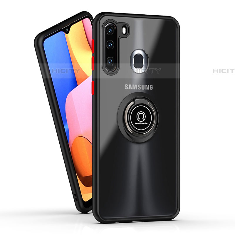 Silikon Hülle Handyhülle und Kunststoff Schutzhülle Hartschalen Tasche mit Magnetisch Fingerring Ständer QW2 für Samsung Galaxy A21 European Rot und Schwarz