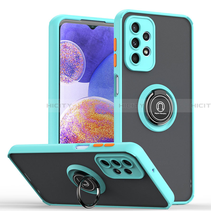 Silikon Hülle Handyhülle und Kunststoff Schutzhülle Hartschalen Tasche mit Magnetisch Fingerring Ständer QW2 für Samsung Galaxy A23 4G Cyan