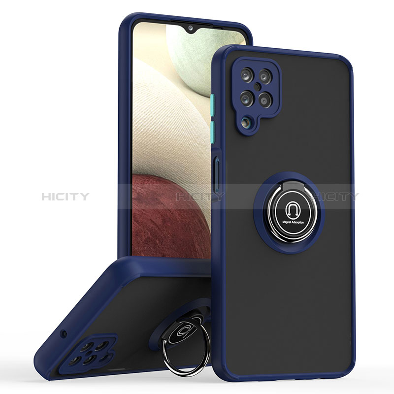 Silikon Hülle Handyhülle und Kunststoff Schutzhülle Hartschalen Tasche mit Magnetisch Fingerring Ständer QW2 für Samsung Galaxy M12 Blau