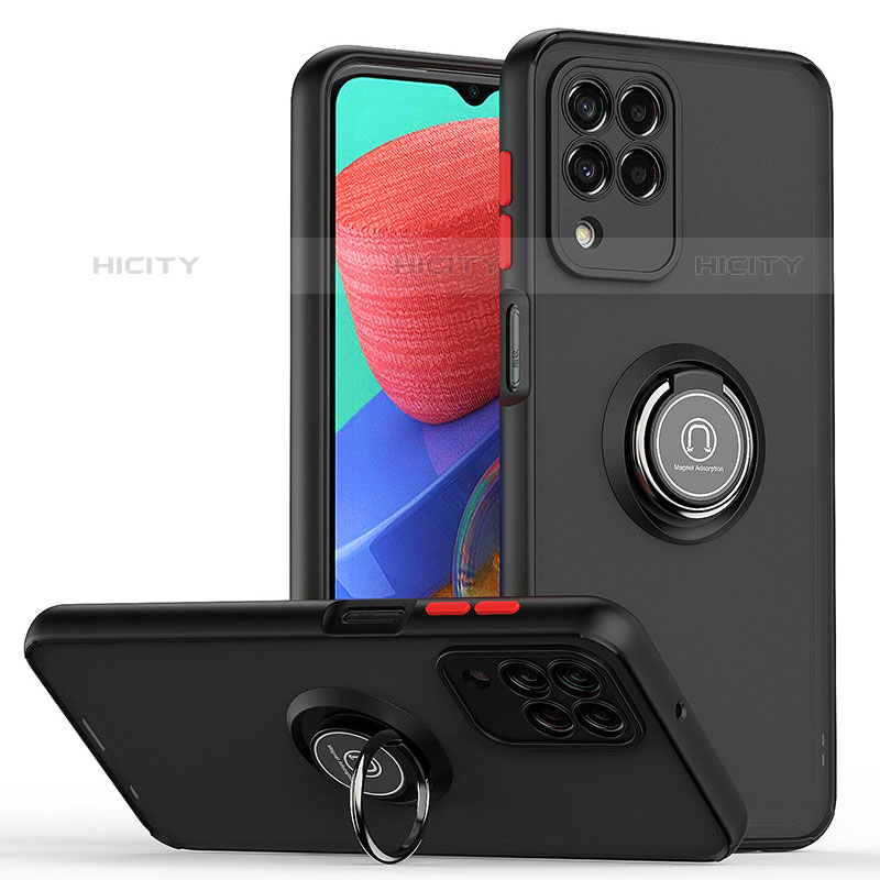 Silikon Hülle Handyhülle und Kunststoff Schutzhülle Hartschalen Tasche mit Magnetisch Fingerring Ständer QW2 für Samsung Galaxy M33 5G Rot und Schwarz Plus