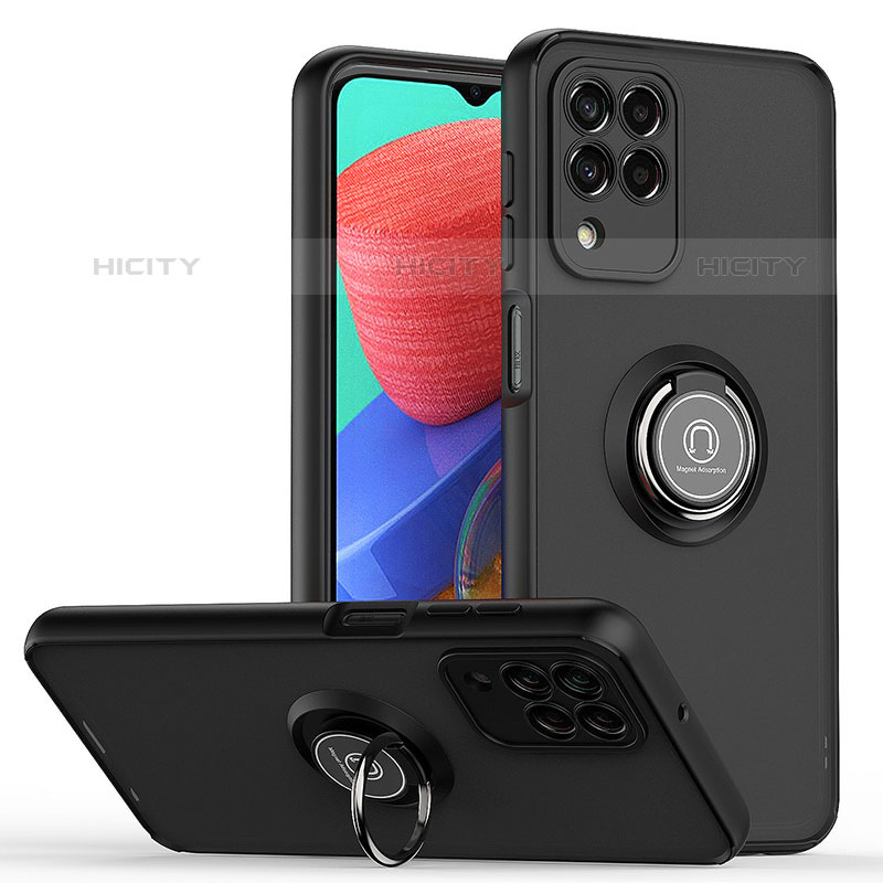 Silikon Hülle Handyhülle und Kunststoff Schutzhülle Hartschalen Tasche mit Magnetisch Fingerring Ständer QW2 für Samsung Galaxy M33 5G Schwarz Plus