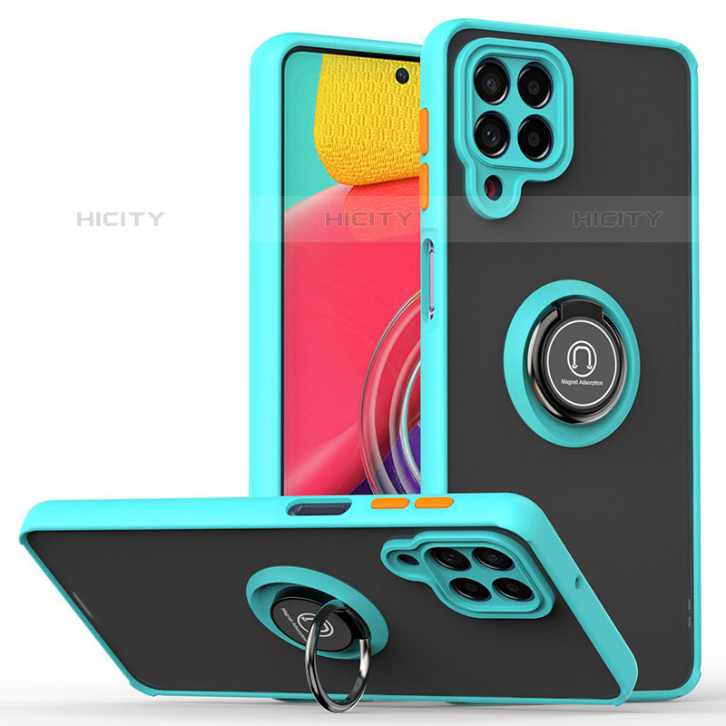 Silikon Hülle Handyhülle und Kunststoff Schutzhülle Hartschalen Tasche mit Magnetisch Fingerring Ständer QW2 für Samsung Galaxy M53 5G Cyan Plus