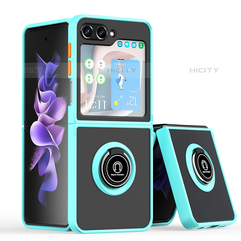 Silikon Hülle Handyhülle und Kunststoff Schutzhülle Hartschalen Tasche mit Magnetisch Fingerring Ständer QW2 für Samsung Galaxy Z Flip5 5G Cyan