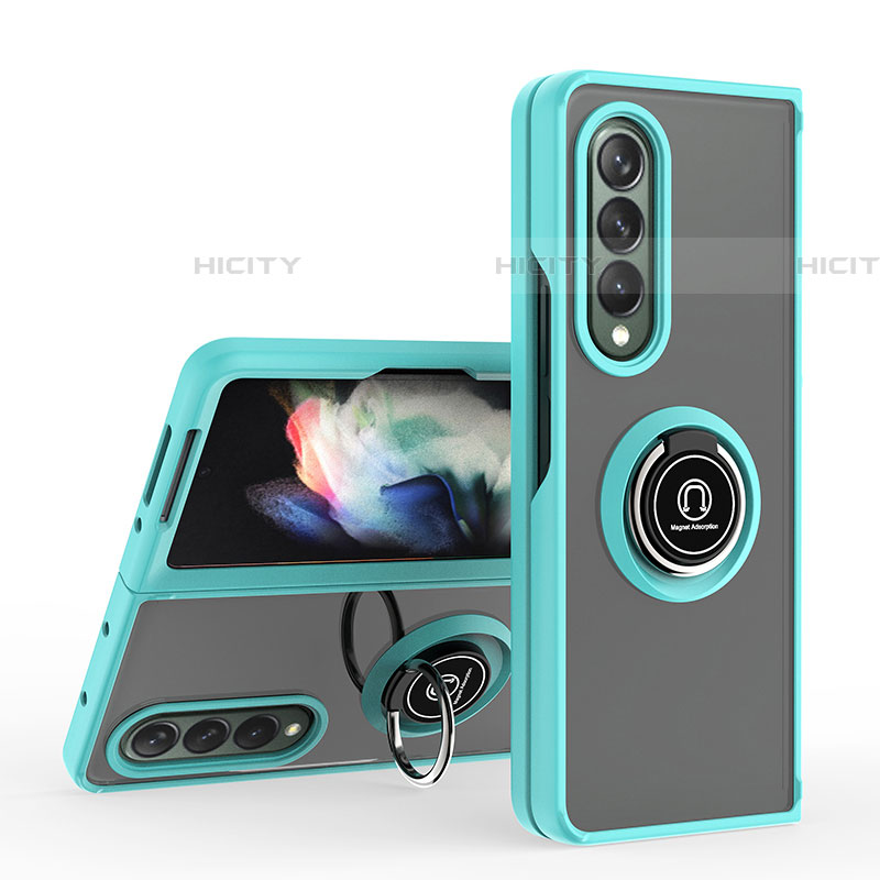 Silikon Hülle Handyhülle und Kunststoff Schutzhülle Hartschalen Tasche mit Magnetisch Fingerring Ständer QW2 für Samsung Galaxy Z Fold4 5G Cyan