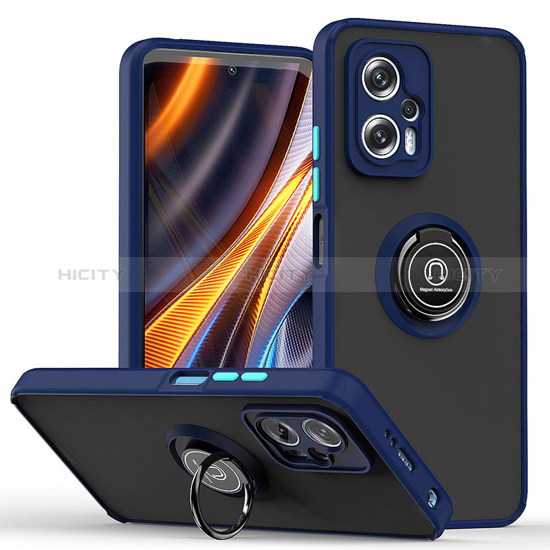 Silikon Hülle Handyhülle und Kunststoff Schutzhülle Hartschalen Tasche mit Magnetisch Fingerring Ständer QW2 für Xiaomi Poco X4 GT 5G Blau Plus