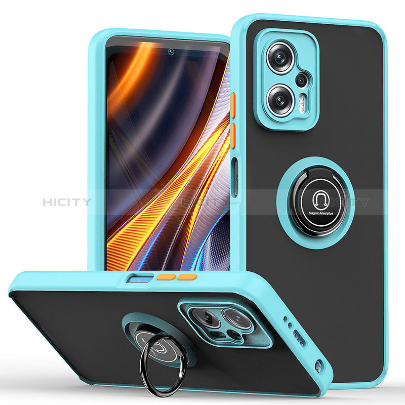 Silikon Hülle Handyhülle und Kunststoff Schutzhülle Hartschalen Tasche mit Magnetisch Fingerring Ständer QW2 für Xiaomi Poco X4 GT 5G Cyan Plus