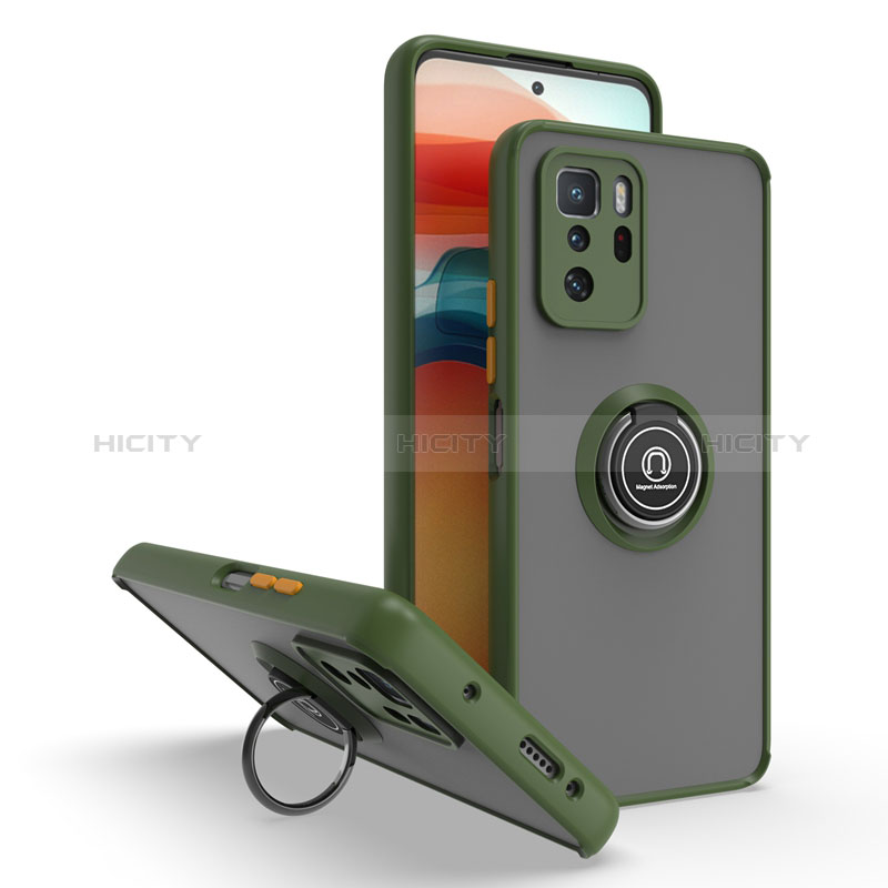 Silikon Hülle Handyhülle und Kunststoff Schutzhülle Hartschalen Tasche mit Magnetisch Fingerring Ständer QW2 für Xiaomi Redmi Note 10 Pro 5G Armee-Grün
