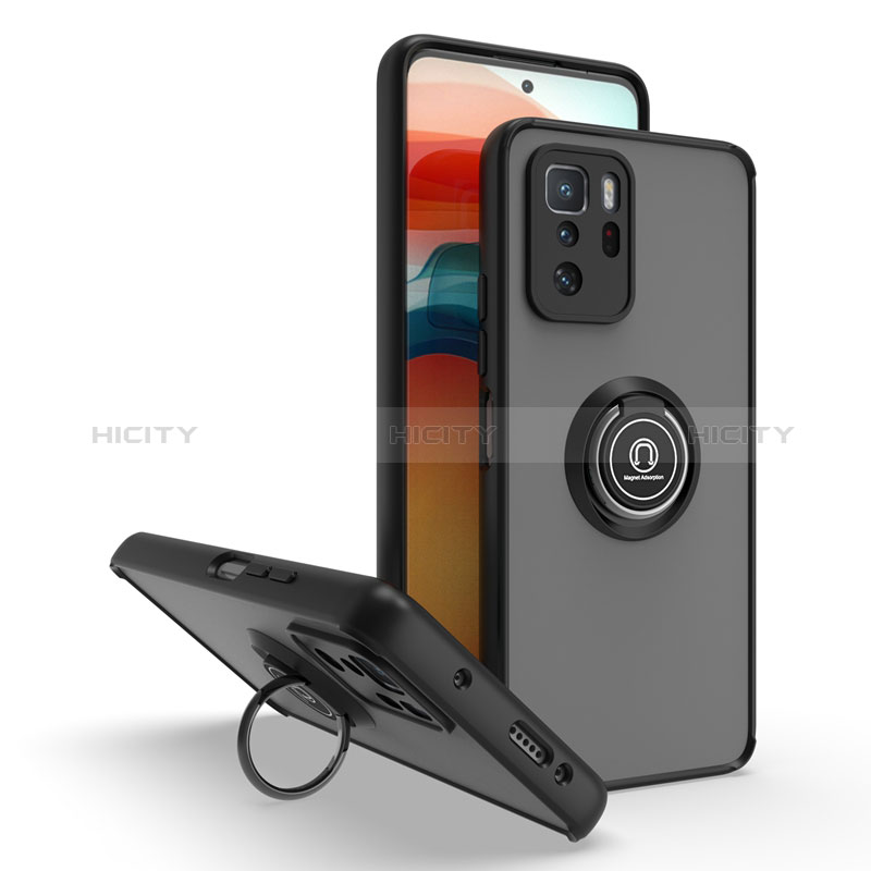 Silikon Hülle Handyhülle und Kunststoff Schutzhülle Hartschalen Tasche mit Magnetisch Fingerring Ständer QW2 für Xiaomi Redmi Note 10 Pro 5G Schwarz