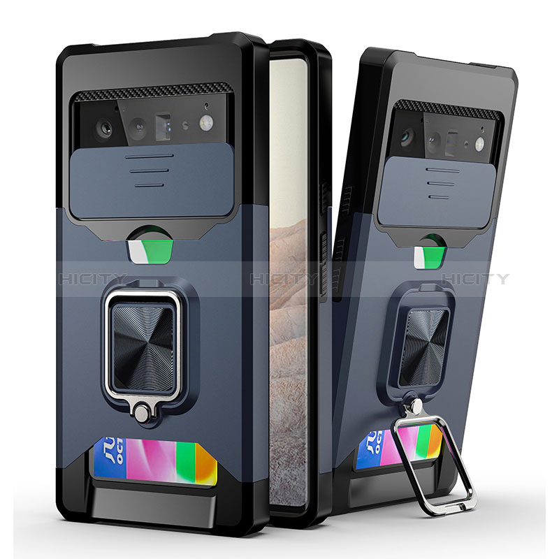 Silikon Hülle Handyhülle und Kunststoff Schutzhülle Hartschalen Tasche mit Magnetisch Fingerring Ständer QW3 für Google Pixel 6 Pro 5G