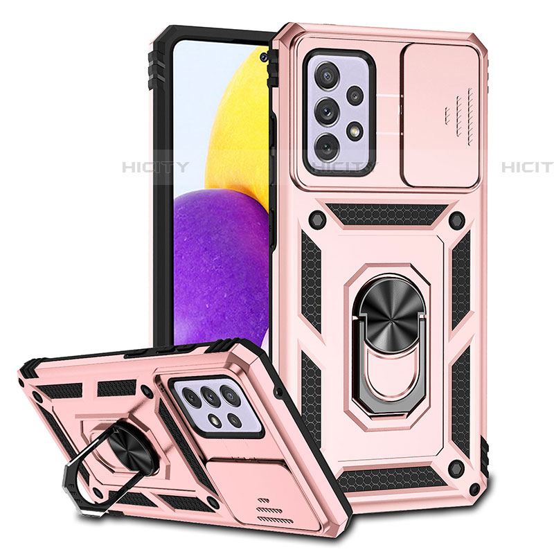 Silikon Hülle Handyhülle und Kunststoff Schutzhülle Hartschalen Tasche mit Magnetisch Fingerring Ständer QW3 für Samsung Galaxy A72 5G Rosegold Plus