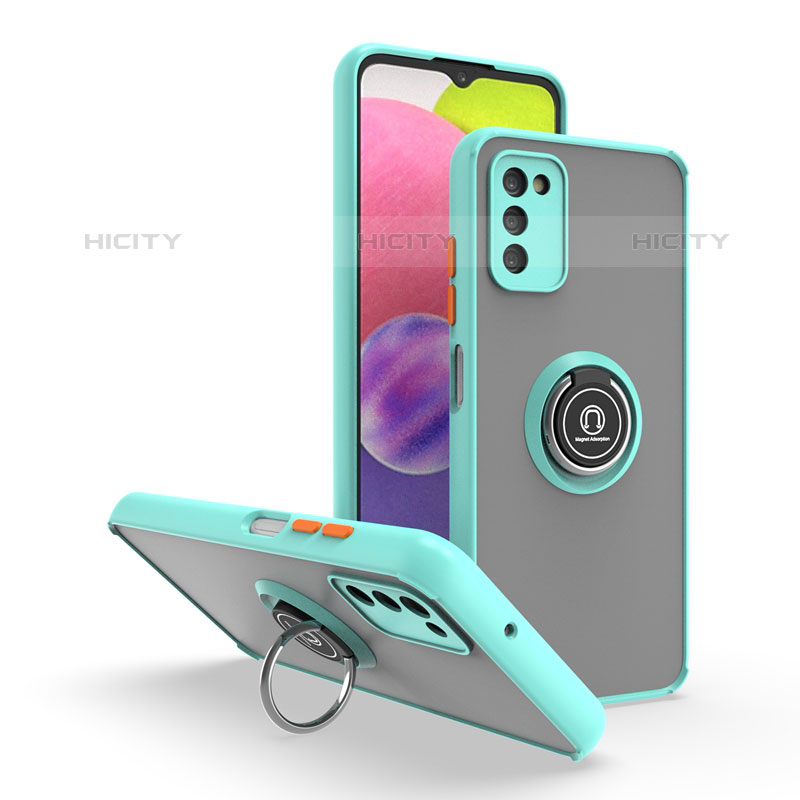 Silikon Hülle Handyhülle und Kunststoff Schutzhülle Hartschalen Tasche mit Magnetisch Fingerring Ständer QW3 für Samsung Galaxy M02s Cyan