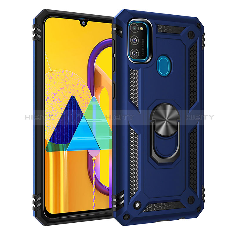 Silikon Hülle Handyhülle und Kunststoff Schutzhülle Hartschalen Tasche mit Magnetisch Fingerring Ständer QW3 für Samsung Galaxy M21 Blau Plus