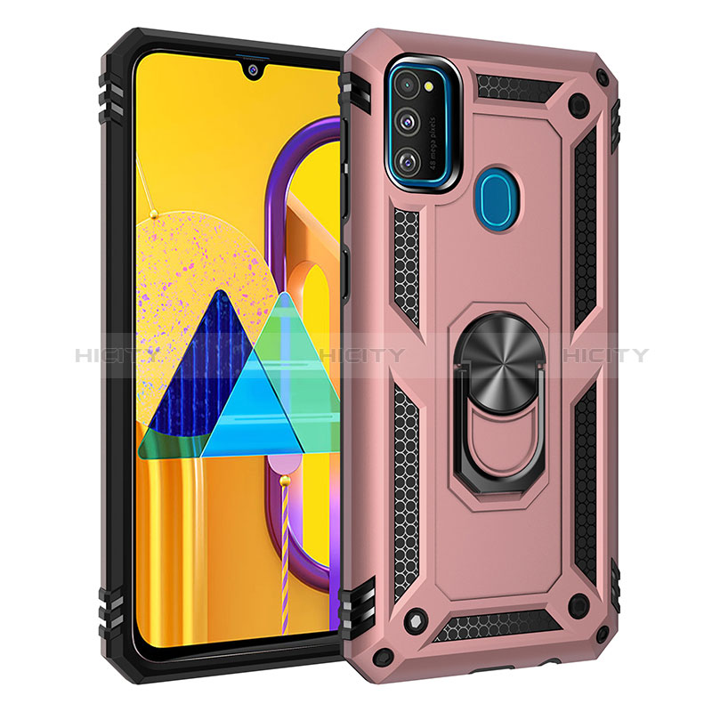 Silikon Hülle Handyhülle und Kunststoff Schutzhülle Hartschalen Tasche mit Magnetisch Fingerring Ständer QW3 für Samsung Galaxy M21 Rosegold Plus