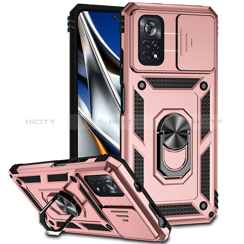 Silikon Hülle Handyhülle und Kunststoff Schutzhülle Hartschalen Tasche mit Magnetisch Fingerring Ständer QW3 für Xiaomi Poco X4 Pro 5G Rosegold