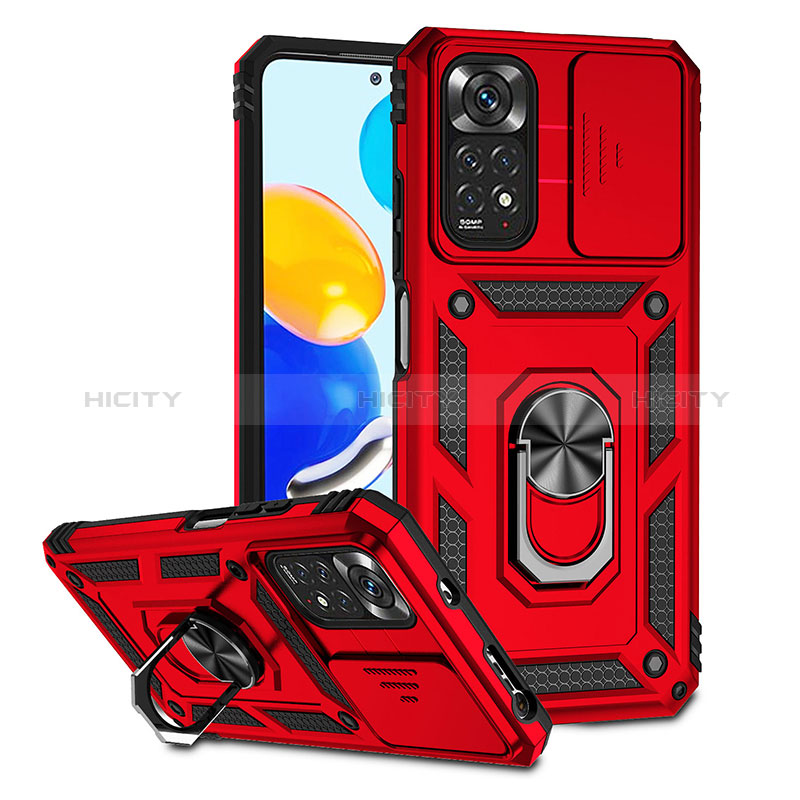 Silikon Hülle Handyhülle und Kunststoff Schutzhülle Hartschalen Tasche mit Magnetisch Fingerring Ständer QW3 für Xiaomi Redmi Note 11 4G (2022) Rot Plus