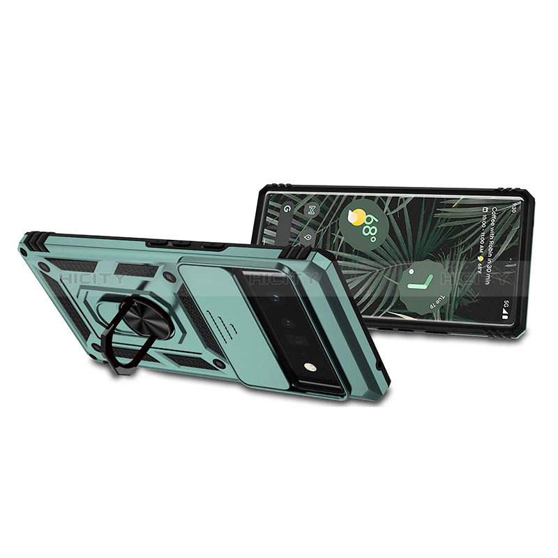 Silikon Hülle Handyhülle und Kunststoff Schutzhülle Hartschalen Tasche mit Magnetisch Fingerring Ständer QW4 für Google Pixel 6 Pro 5G groß