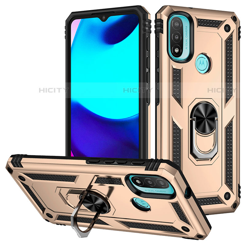 Silikon Hülle Handyhülle und Kunststoff Schutzhülle Hartschalen Tasche mit Magnetisch Fingerring Ständer S01 für Motorola Moto E30 Gold Plus