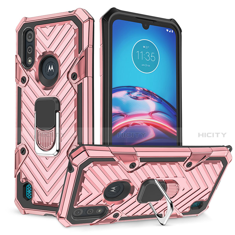 Silikon Hülle Handyhülle und Kunststoff Schutzhülle Hartschalen Tasche mit Magnetisch Fingerring Ständer S01 für Motorola Moto E6s (2020) Rosegold