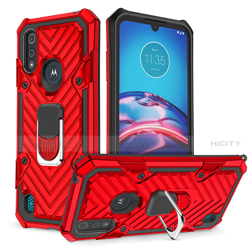 Silikon Hülle Handyhülle und Kunststoff Schutzhülle Hartschalen Tasche mit Magnetisch Fingerring Ständer S01 für Motorola Moto E6s (2020) Rot