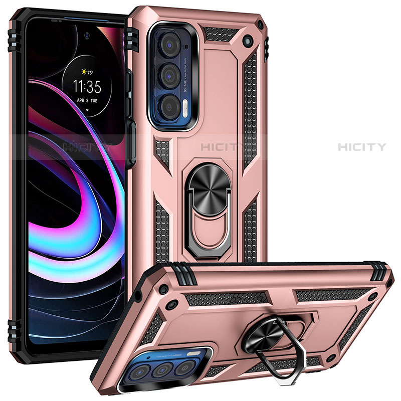 Silikon Hülle Handyhülle und Kunststoff Schutzhülle Hartschalen Tasche mit Magnetisch Fingerring Ständer S01 für Motorola Moto Edge (2021) 5G Rosegold Plus