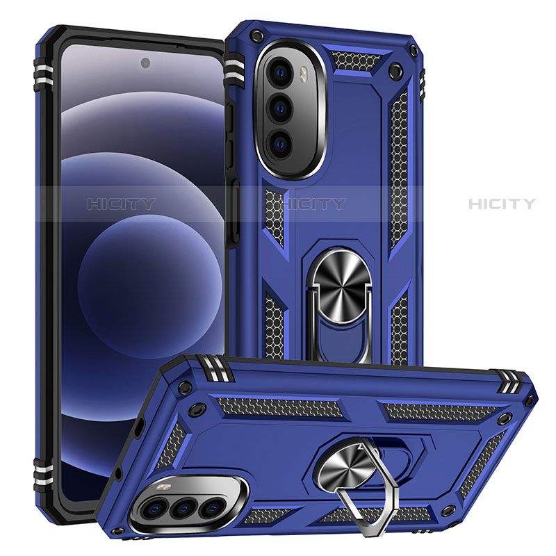 Silikon Hülle Handyhülle und Kunststoff Schutzhülle Hartschalen Tasche mit Magnetisch Fingerring Ständer S01 für Motorola Moto Edge (2022) 5G Blau Plus