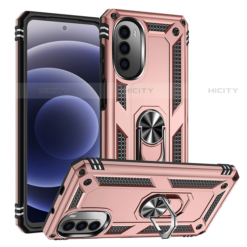 Silikon Hülle Handyhülle und Kunststoff Schutzhülle Hartschalen Tasche mit Magnetisch Fingerring Ständer S01 für Motorola Moto Edge (2022) 5G Rosegold