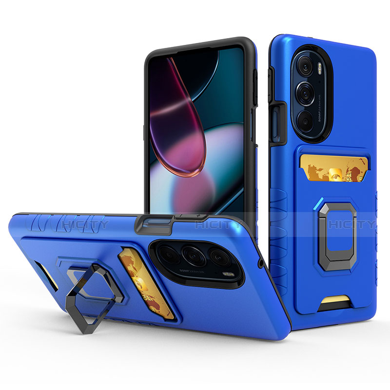 Silikon Hülle Handyhülle und Kunststoff Schutzhülle Hartschalen Tasche mit Magnetisch Fingerring Ständer S01 für Motorola Moto Edge 30 Pro 5G Blau