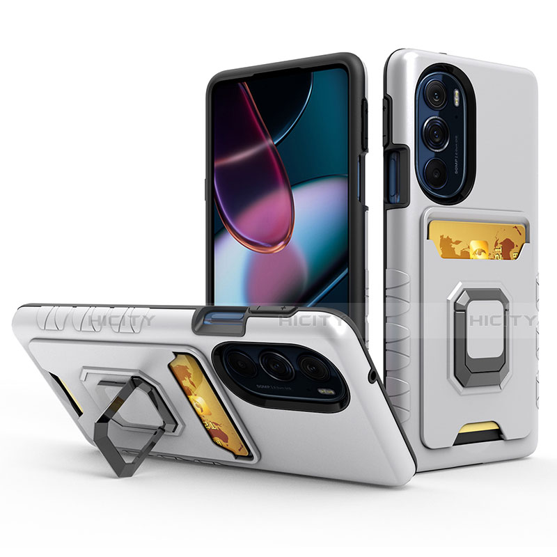 Silikon Hülle Handyhülle und Kunststoff Schutzhülle Hartschalen Tasche mit Magnetisch Fingerring Ständer S01 für Motorola Moto Edge 30 Pro 5G Silber Plus