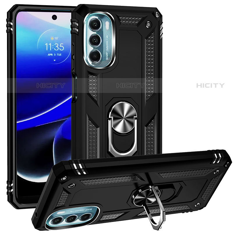 Silikon Hülle Handyhülle und Kunststoff Schutzhülle Hartschalen Tasche mit Magnetisch Fingerring Ständer S01 für Motorola Moto G 5G (2022) Schwarz Plus