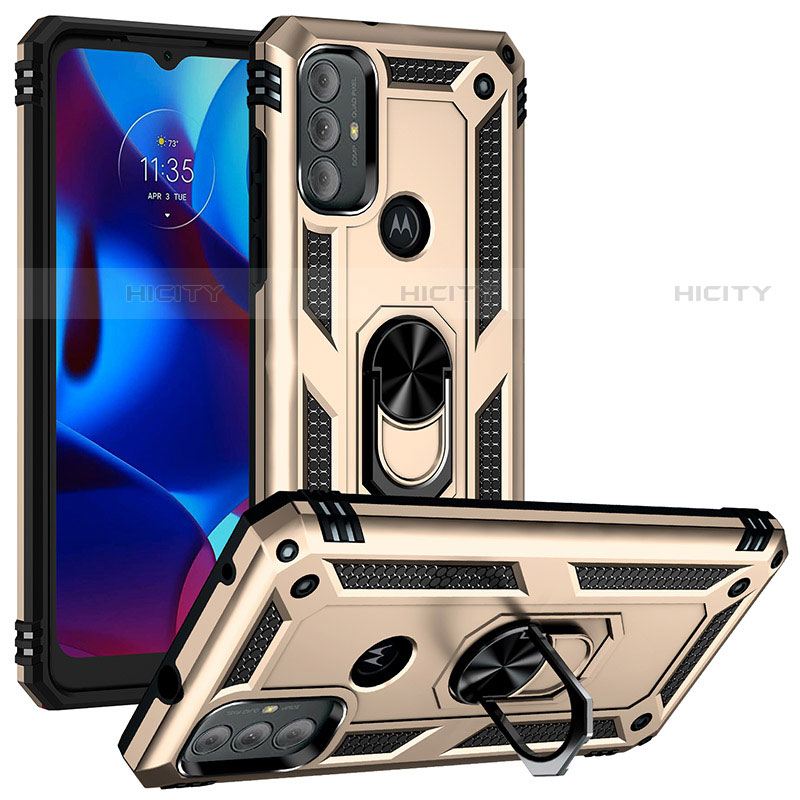 Silikon Hülle Handyhülle und Kunststoff Schutzhülle Hartschalen Tasche mit Magnetisch Fingerring Ständer S01 für Motorola Moto G Play (2023) Gold