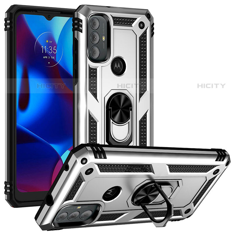 Silikon Hülle Handyhülle und Kunststoff Schutzhülle Hartschalen Tasche mit Magnetisch Fingerring Ständer S01 für Motorola Moto G Play (2023) Silber Plus