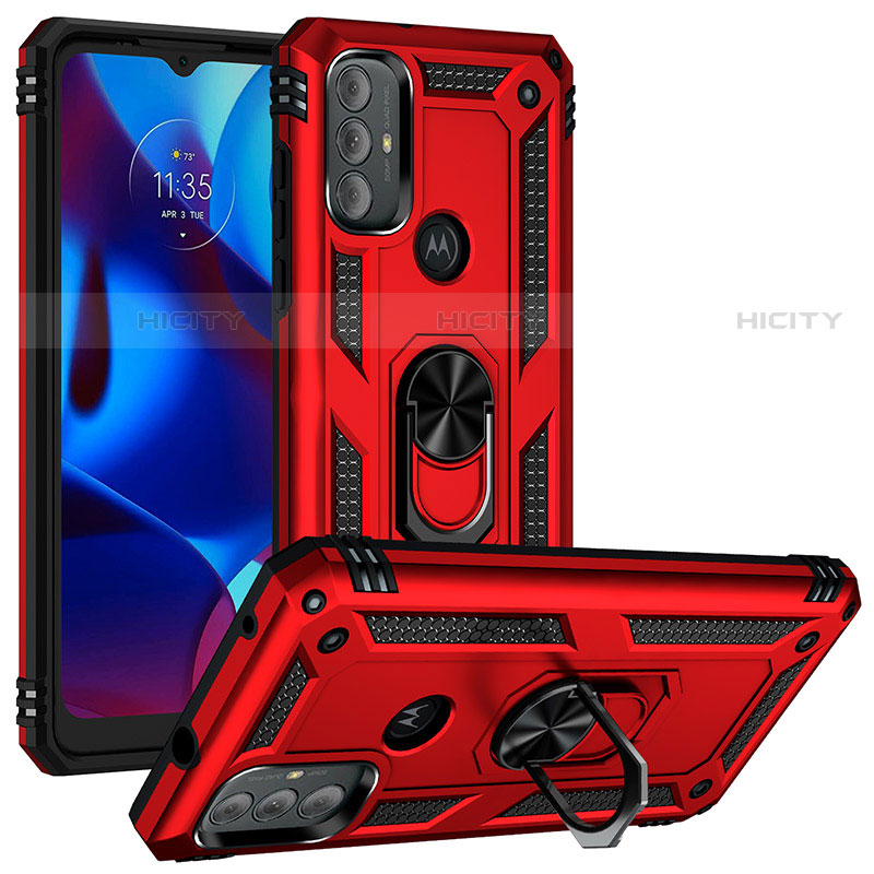 Silikon Hülle Handyhülle und Kunststoff Schutzhülle Hartschalen Tasche mit Magnetisch Fingerring Ständer S01 für Motorola Moto G Power (2022) Rot