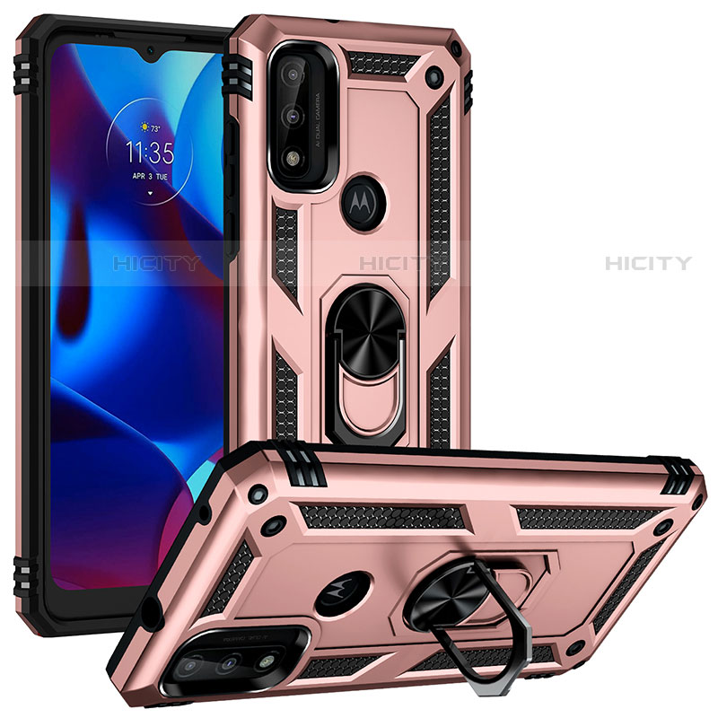 Silikon Hülle Handyhülle und Kunststoff Schutzhülle Hartschalen Tasche mit Magnetisch Fingerring Ständer S01 für Motorola Moto G Pure Rosegold Plus