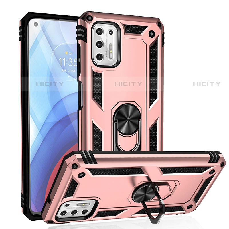 Silikon Hülle Handyhülle und Kunststoff Schutzhülle Hartschalen Tasche mit Magnetisch Fingerring Ständer S01 für Motorola Moto G Stylus (2021) Rosegold