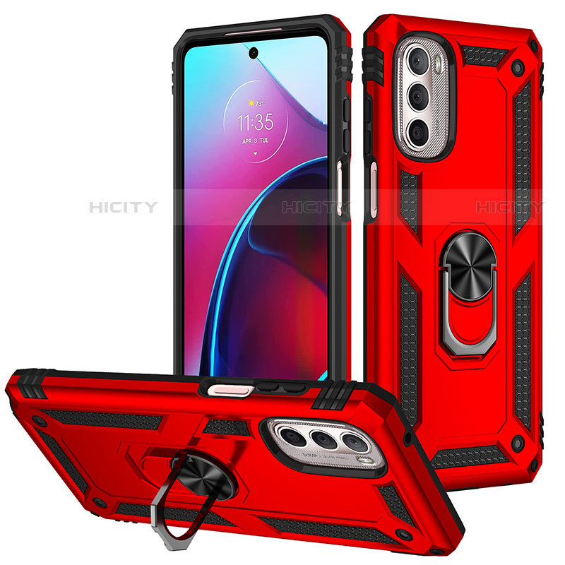 Silikon Hülle Handyhülle und Kunststoff Schutzhülle Hartschalen Tasche mit Magnetisch Fingerring Ständer S01 für Motorola Moto G Stylus (2022) 5G Rot Plus