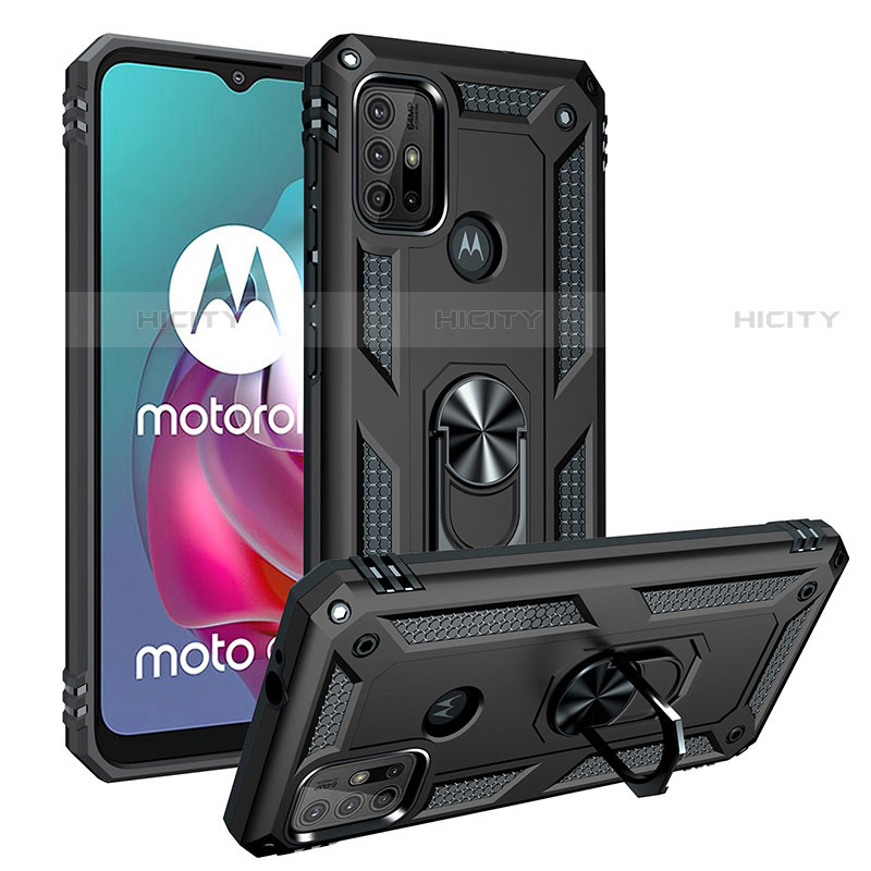 Silikon Hülle Handyhülle und Kunststoff Schutzhülle Hartschalen Tasche mit Magnetisch Fingerring Ständer S01 für Motorola Moto G10