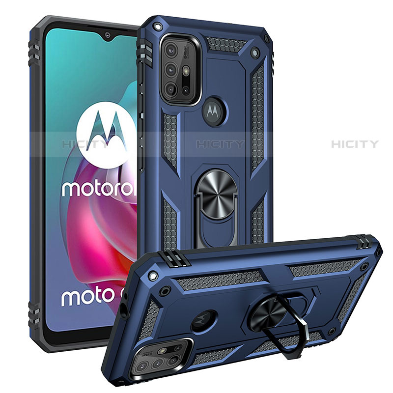 Silikon Hülle Handyhülle und Kunststoff Schutzhülle Hartschalen Tasche mit Magnetisch Fingerring Ständer S01 für Motorola Moto G10 Blau Plus