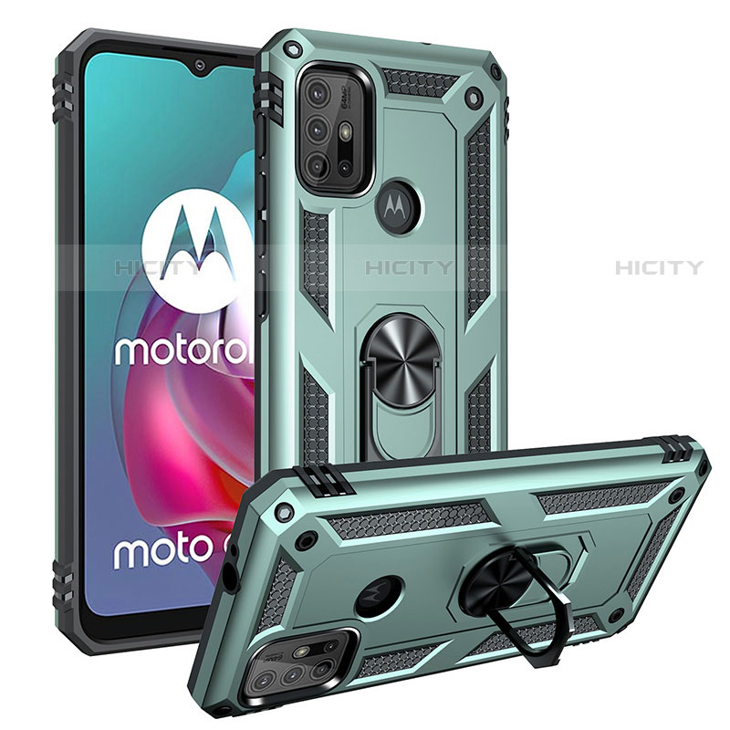 Silikon Hülle Handyhülle und Kunststoff Schutzhülle Hartschalen Tasche mit Magnetisch Fingerring Ständer S01 für Motorola Moto G10 Grün Plus