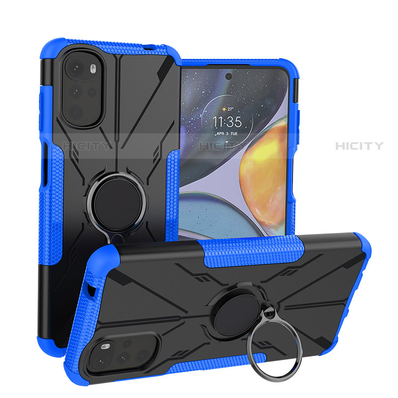 Silikon Hülle Handyhülle und Kunststoff Schutzhülle Hartschalen Tasche mit Magnetisch Fingerring Ständer S01 für Motorola Moto G22 Blau Plus