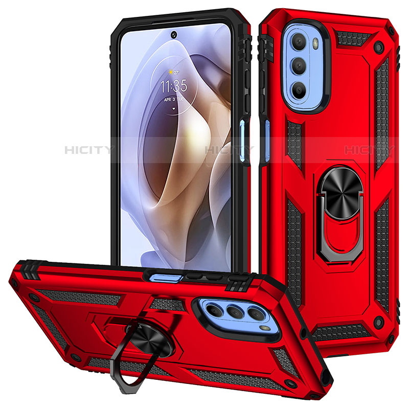 Silikon Hülle Handyhülle und Kunststoff Schutzhülle Hartschalen Tasche mit Magnetisch Fingerring Ständer S01 für Motorola Moto G31 Rot Plus